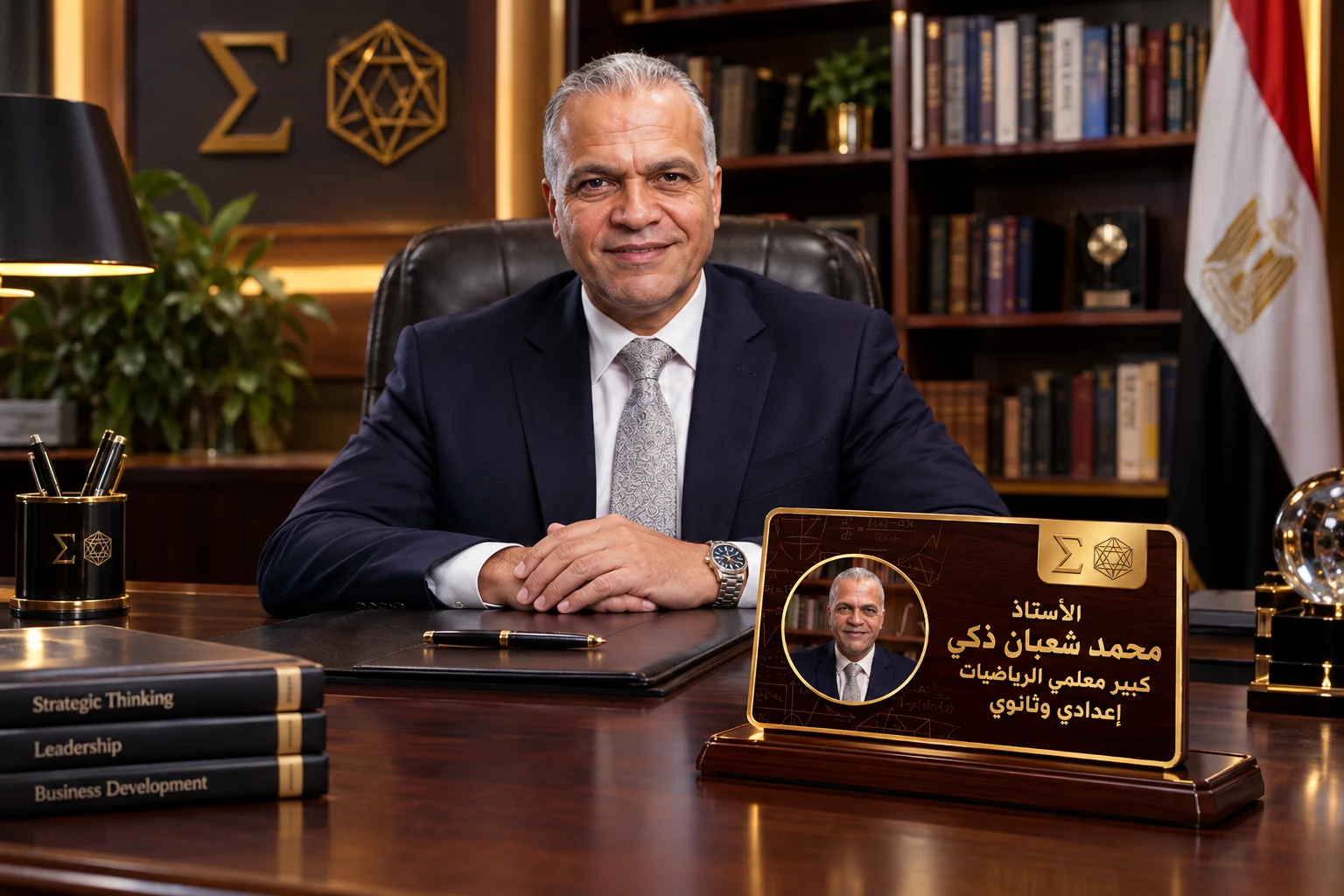 الأستاذ محمد شعبان ذكي جالس في مكتبه وأمامه لوحة بيانات ذهبية