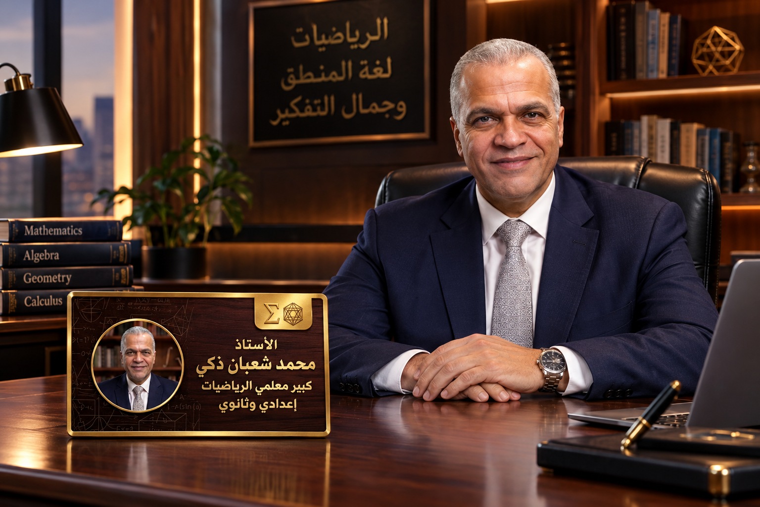 الأستاذ محمد شعبان ذكي في مكتبه أمام لوحة بياناته المحفورة